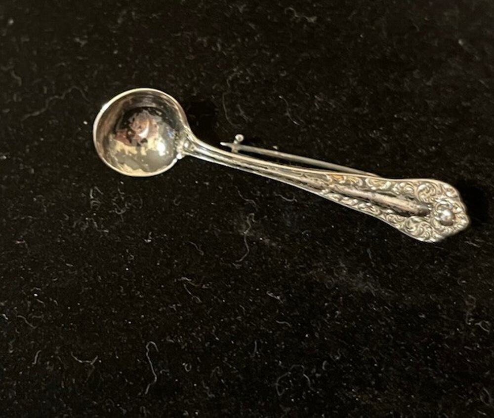Antique Sterling Silver Salt Spoon Brooch Lapel Pin Patina C-clasp Victorian Art